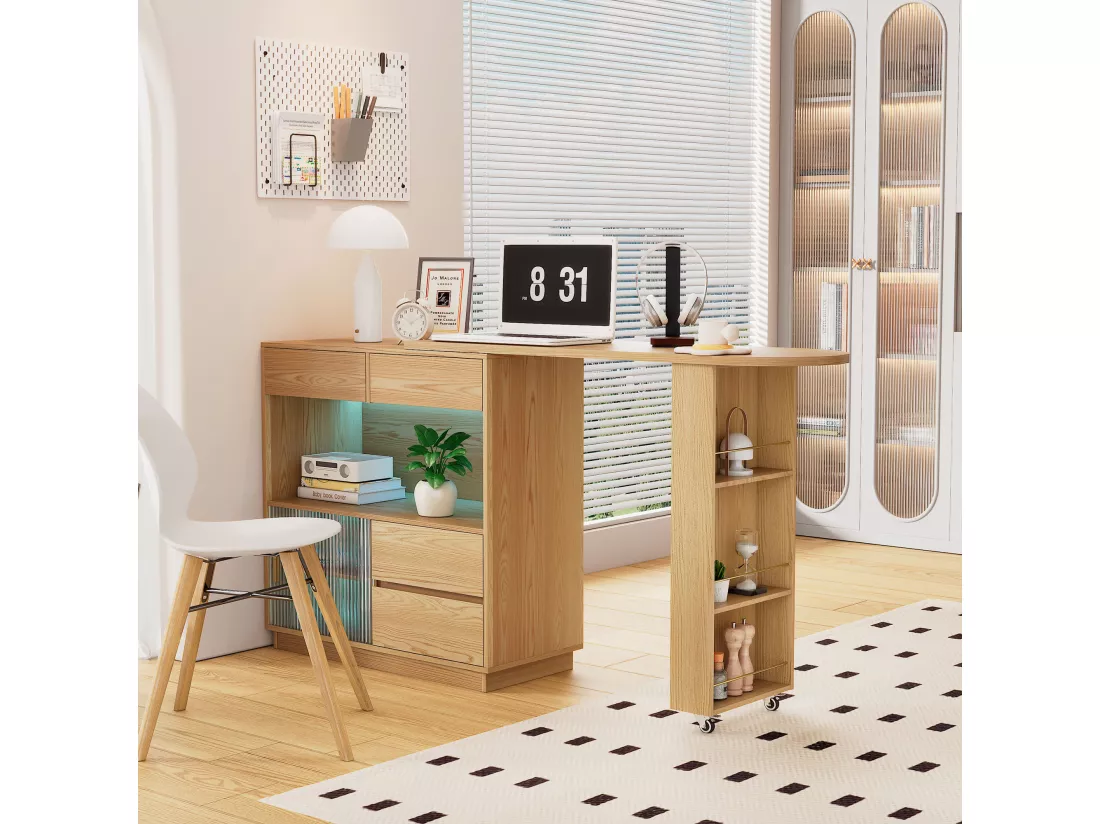 Bureau d'angle avec armoire de rangements - Plateau de table rotatif et rétractable- avec LED - Naturel