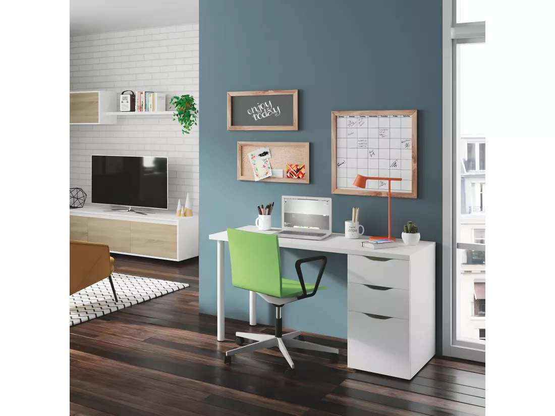 Bureau Philadelphia, Bureau réversible multifonctionnel, Table d'étude avec commode avec 2 tiroirs et 1 porte, 138x60h74 cm, Blanc