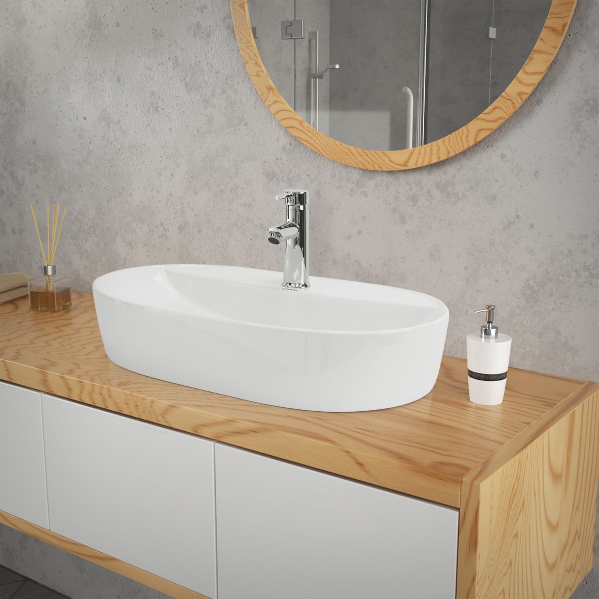 ML-Design keramische wastafel in wit, 60x40x12 cm ovaal, inclusief afvoergarnituur, moderne opzetwastafel, design wastafelmeubel, opzetwastafel, wastafelmeubel, fonteintje, voor badkamer/gastentoilet