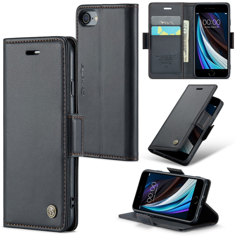 iPhone SE (2022/2020) / 8 / 7 / 6S Leder Tasche Flip Wallet Etui mit Kartenfächern Litchi Look (RFID Schutz) - Schwarz