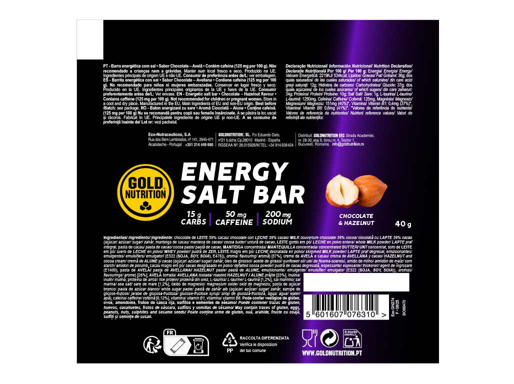 BARRA GOLDNUTRITION ENDURANCE SALT BAR CHOCOLATE AVELÃ 40G