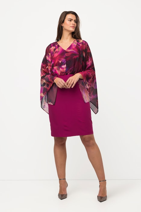Kleid, Blüten, Chiffonärmel, V-Ausschnitt, Langarm