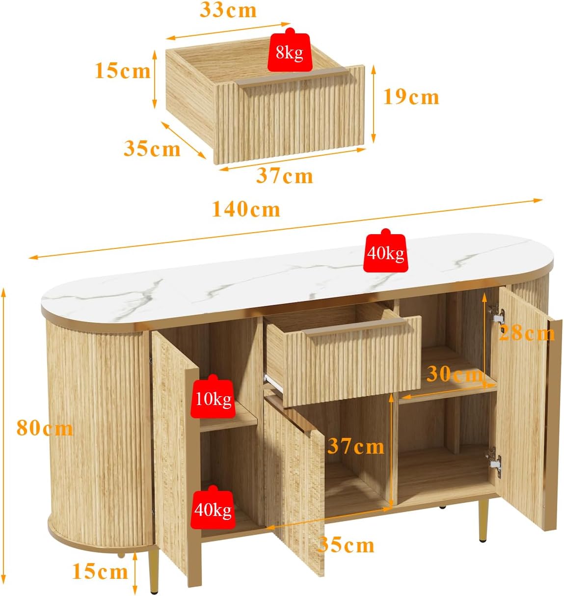 Caldion Sideboard mit 3 Türen und 1 Schublade kommode Wohnzimmer für Küchenschrank Küchenschrank Sideboard mit Schubladen Flur möbel buffetschrank Natürliche Holzfarbe 140x38.9x80cm
