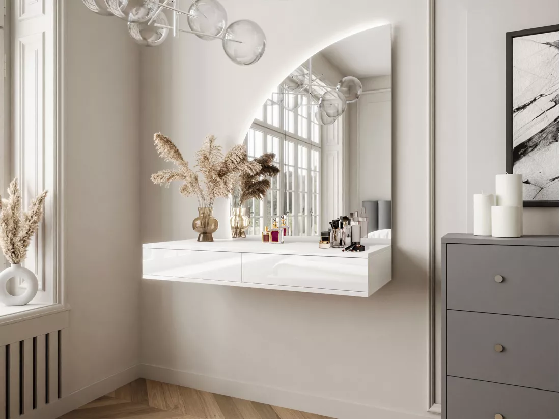 Coiffeuse suspendue avec miroir à LEDs - 2 tiroirs - Blanc brillant - JINEZA