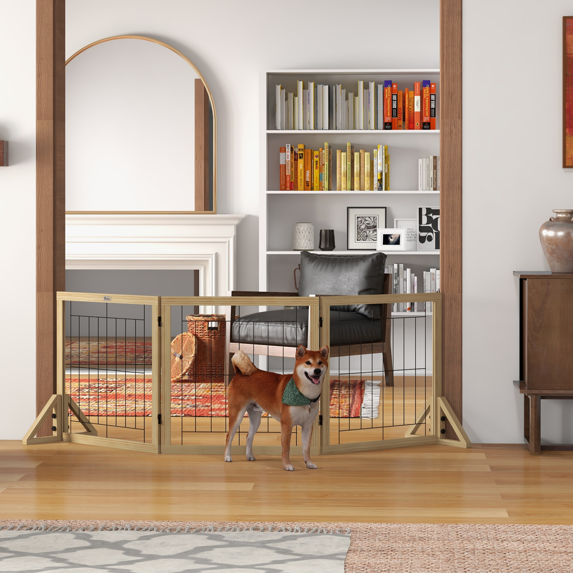 Portão de madeira para cães PawHut, cerca dobrável de 3 painéis com sistema de abertura em duas direções e pés de apoio triangulares para portas, corredores e escadas, 210 x 44 x 70 cm, madeira natural.