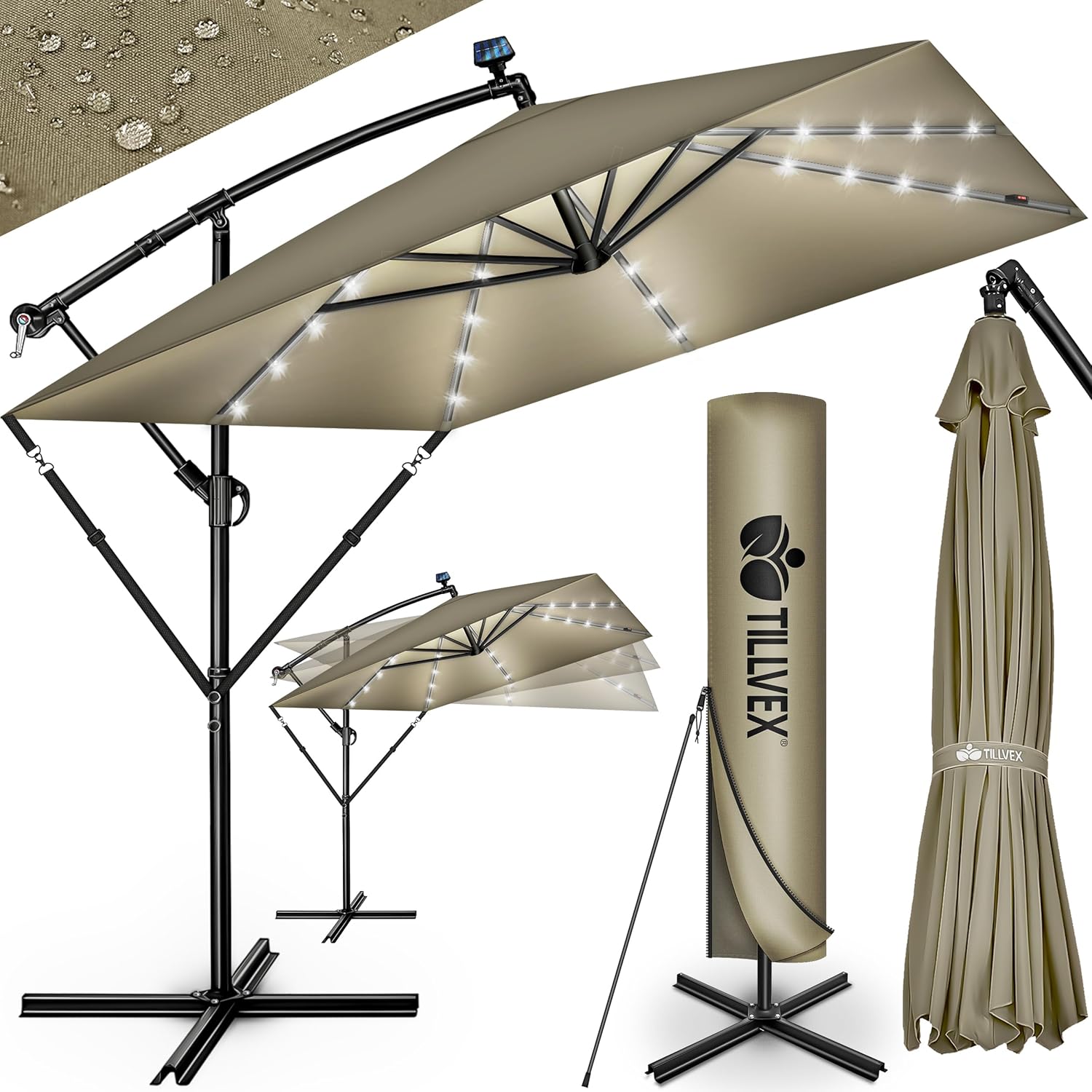 tillvex® Alu Sonnenschirm Rechteckig Ø 330 cm + Abdeckung mit Kurbel | Ampelschirm Eckig mit Ständer & Windschutz | Gartenschirm UV-Schutz Aluminium | Kurbelschirm Marktschirm wasserdicht 360° drehbar