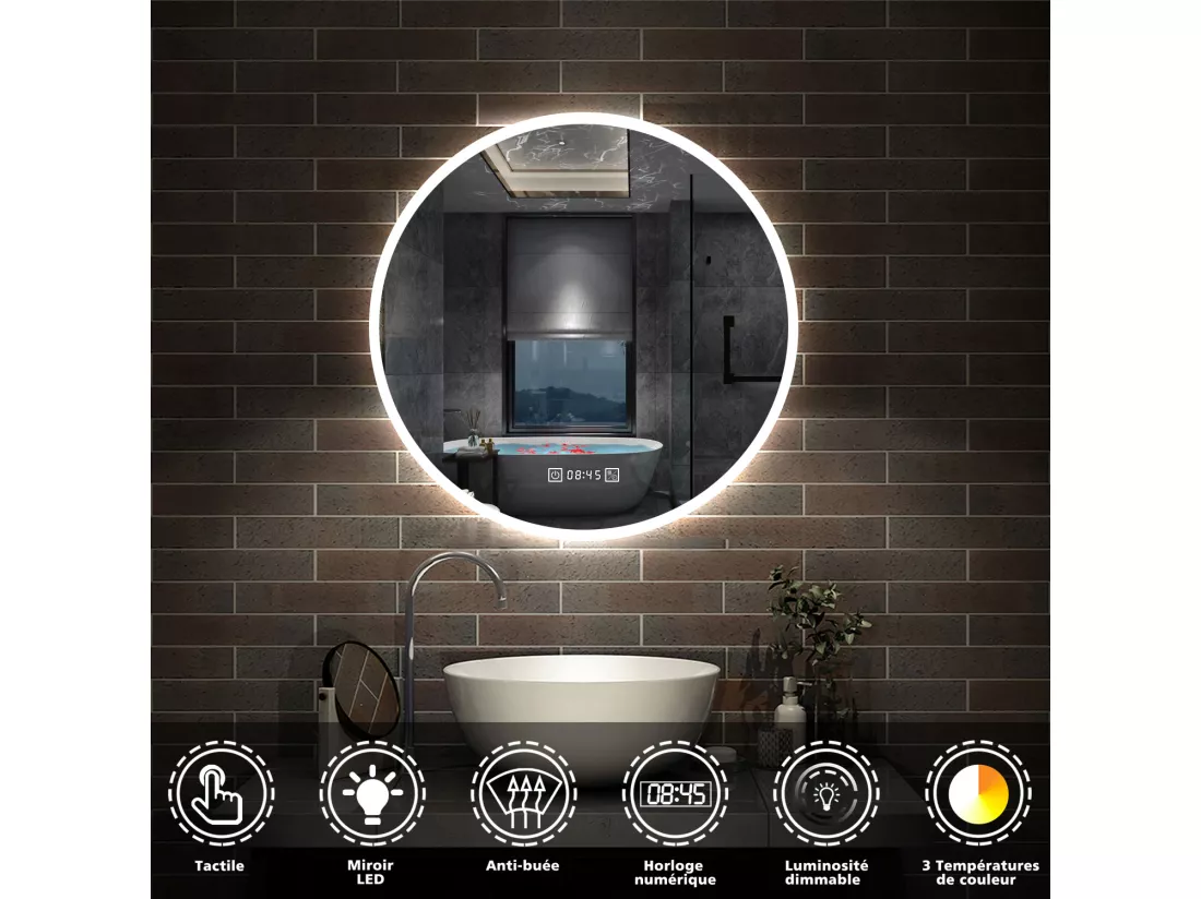 Miroir de Salle de Bain lumineux 60cm rond LED avec Horloge, Mural Miroir avec 3 Couleurs + Dimmable + Anti-buée,Interrupteur Tactile Étanche IP44