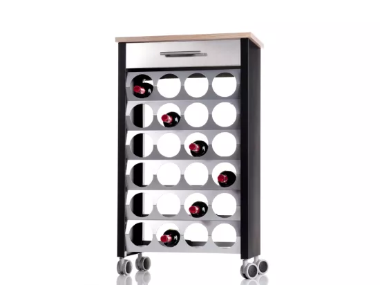 Étagère porte bouteilles à roulettes, 93*50*30 cm - Noire, Inox, Orme - capacité 24 bouteilles, BACUS