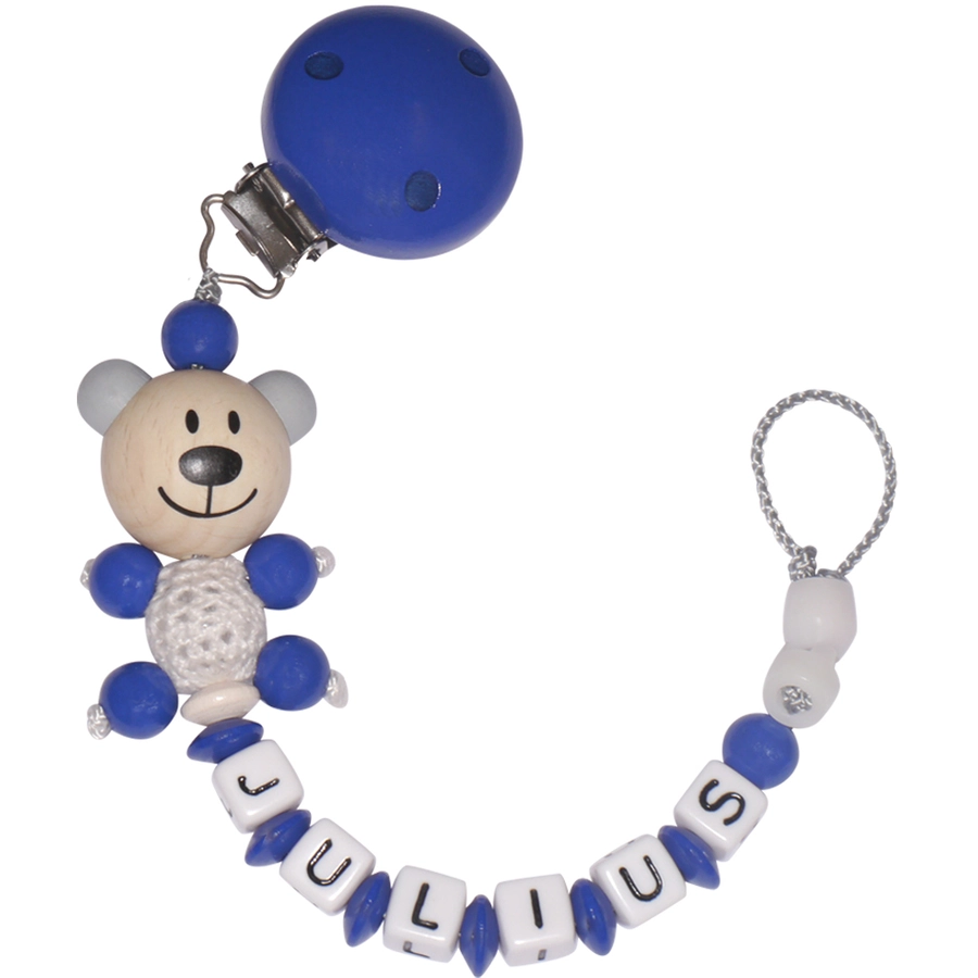 Schnullireich Schnullerkette mit Namen Häkelbär Blau