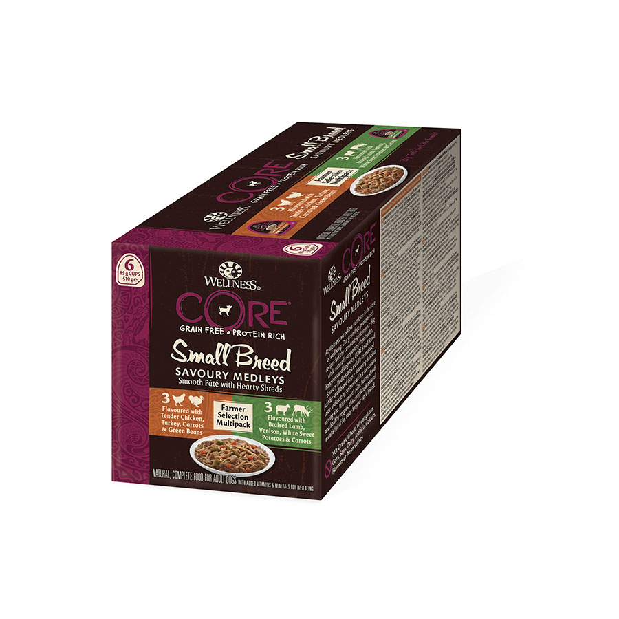 6 potes de 85g de ração para cães Wellness Core Small Farmer Selection