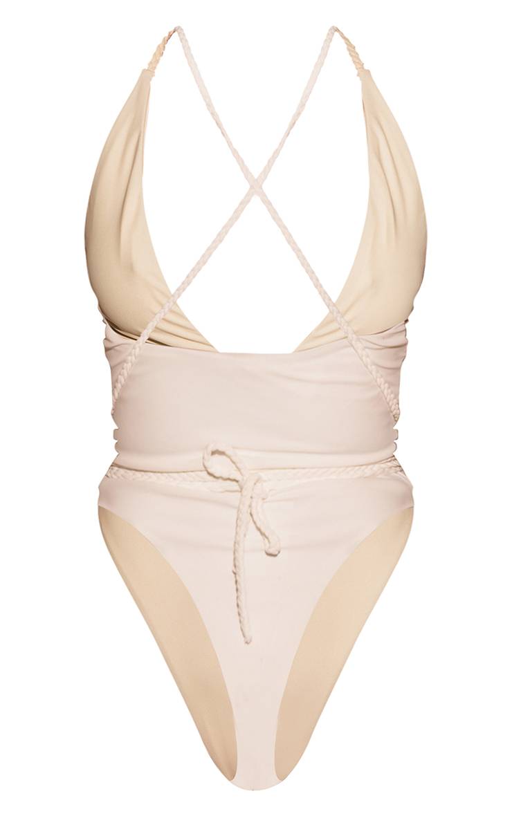 Crème Maillot De Bain Échancré À Bretelles Tressées Et Décolleté Plongeant
