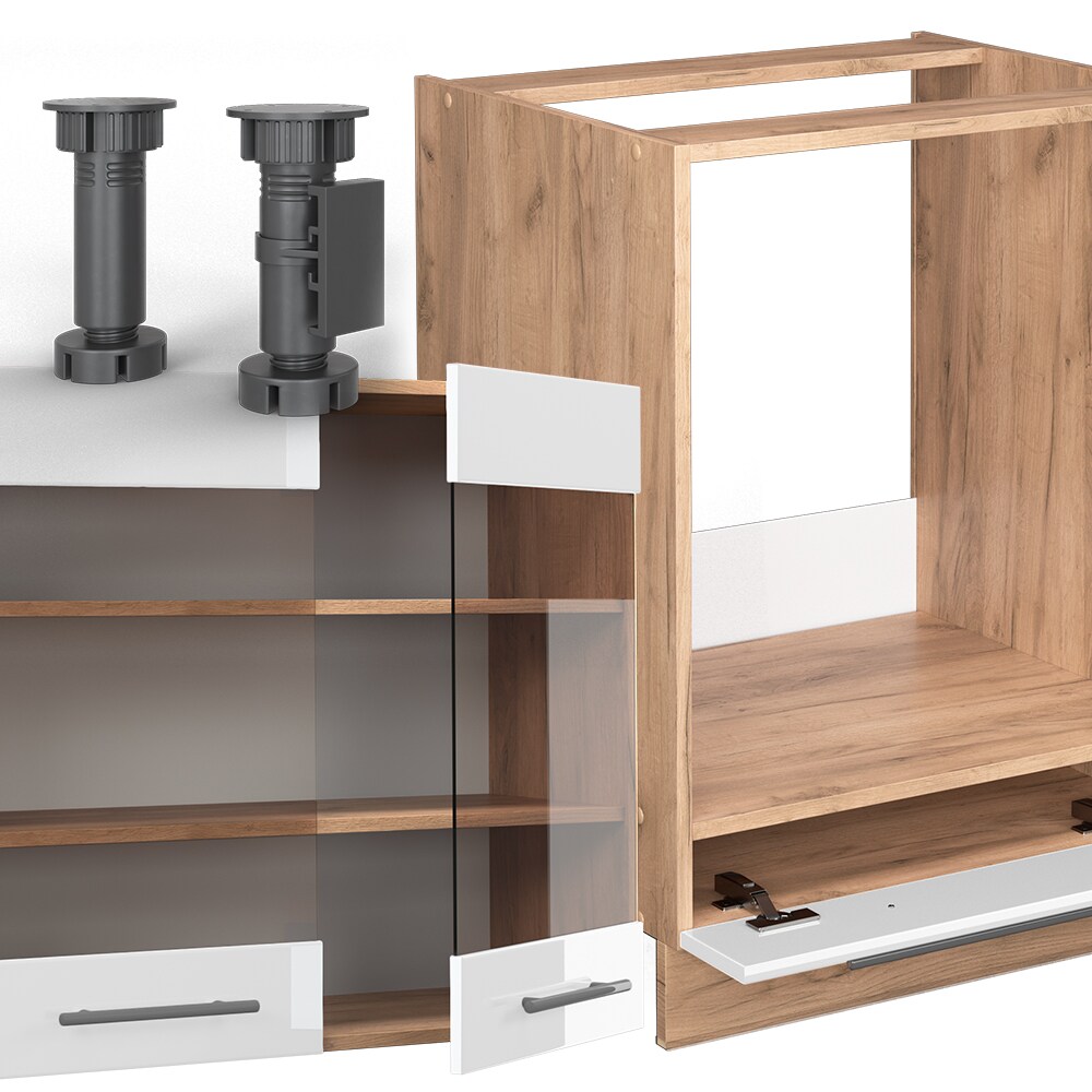Vicco Eckküche Küchenzeile Einbauküche Fame-Line Eiche Weiß 227x287 cm modern Spülenunterschrank Schubunterschrank Eckunterschrank Herdumbauschrank Hängeschrank Kühlumbauschrank Hängeglasschrank
