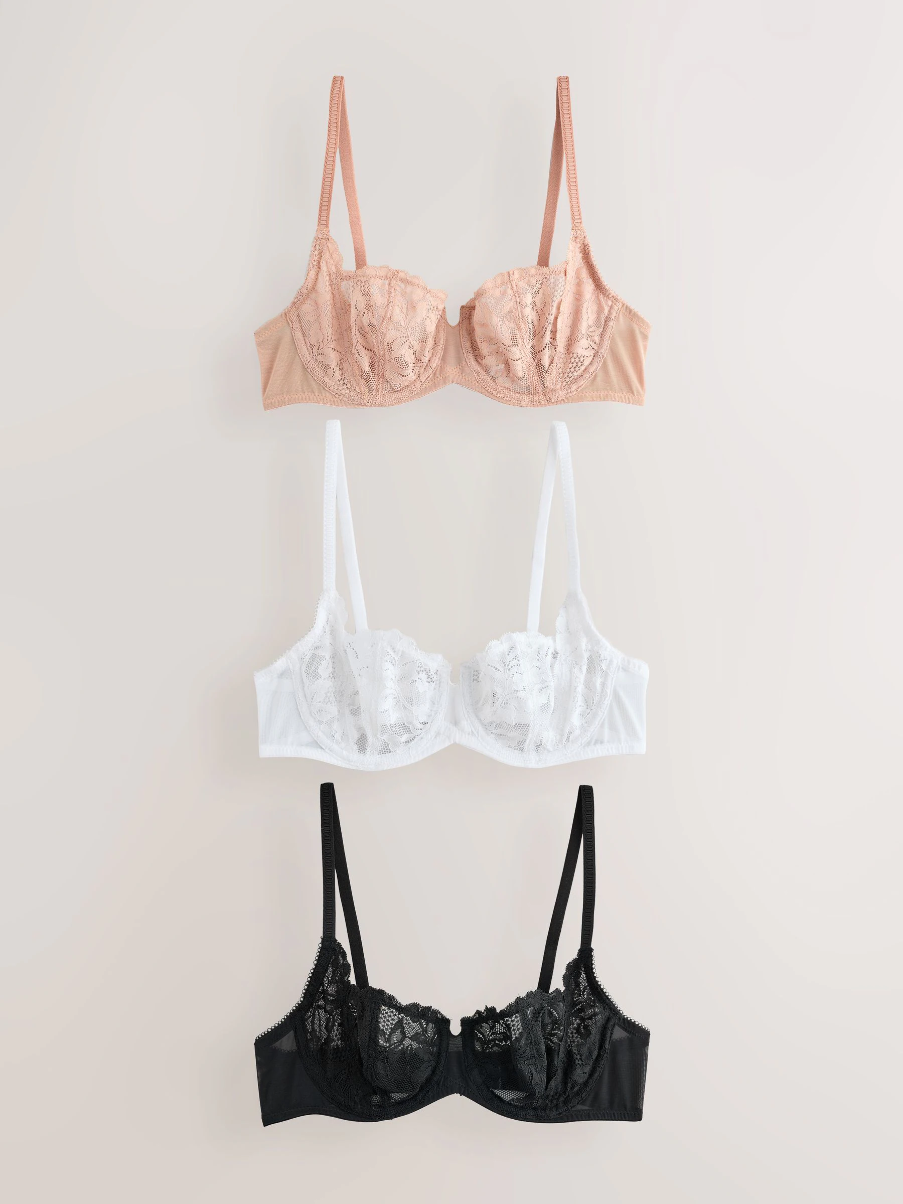 Zwart/wit/nude - Non Pad Lace Balcony Bras 3 Pack