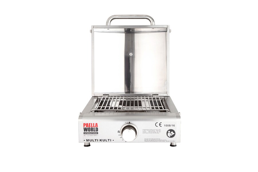 Multi-Kulti Gasgrill mit Pizzastein und Gussgrillplatte, tragbar, Ø 33 cm Pizzastein, Abmessungen 42 x 51 x 25 cm + Ø 35 cm Gusseisenpfanne