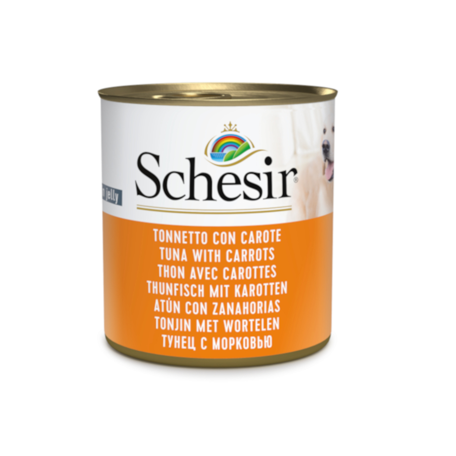 Atum Schesir Adulto com cenouras em lata, 285g, para cães.