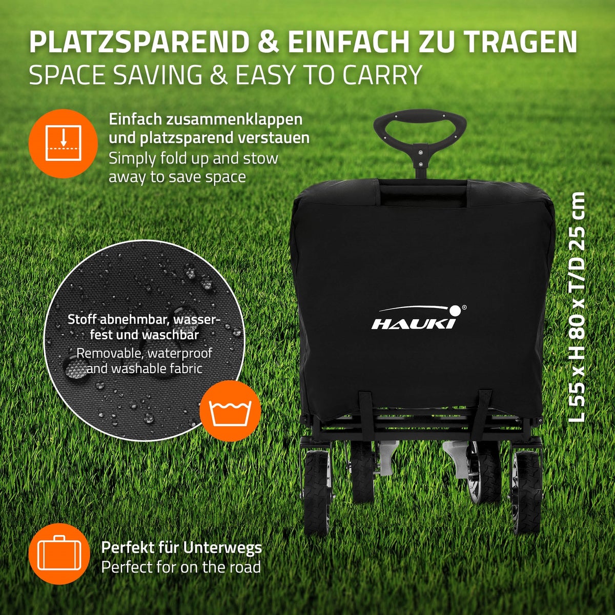 Hauki XXL opvouwbare bolderkar met luifel en tas, zwart-grijs, opvouwbare handkar voor duwen en trekken, kindertransportkar, 360° draaibare voorwielen, PU-wielen met remmen, draagvermogen 120 kg