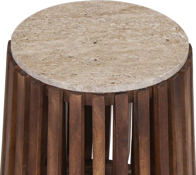 Luuk - Bijzettafel - Rond - Mango Hout - Travertin - Beige