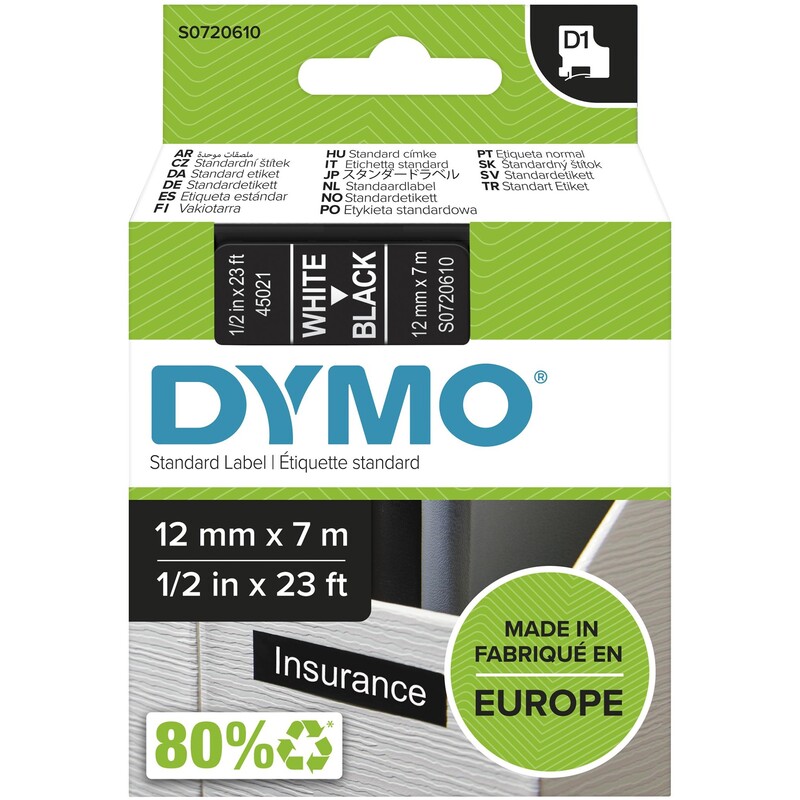 Dymo Band D1, S0720610, 12 mm, weiss auf schwarz