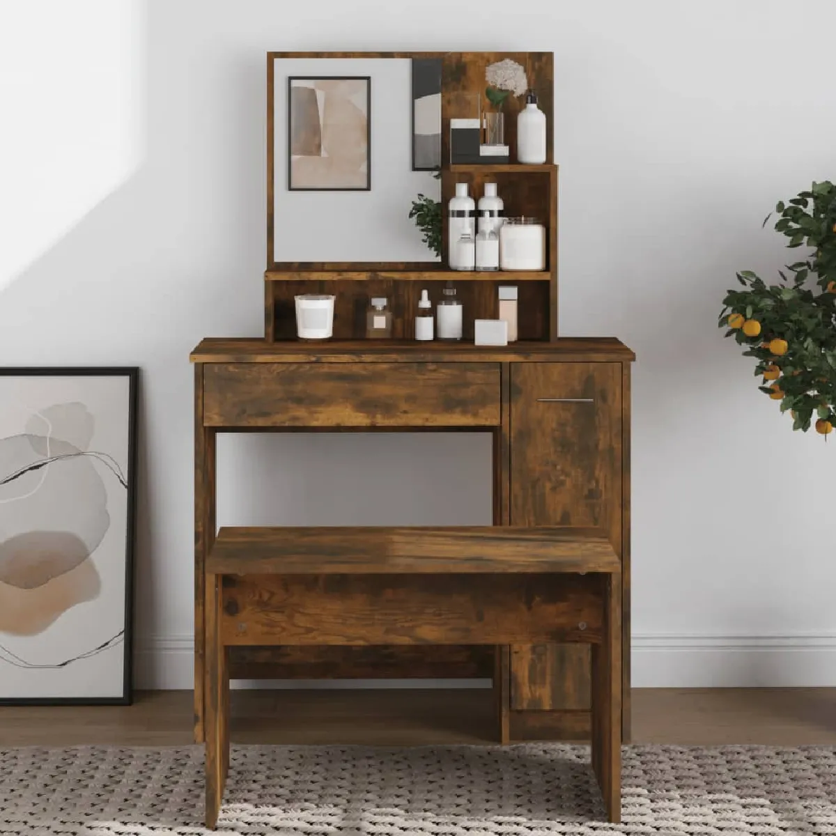vidaXL Coiffeuse avec Miroir - Chêne Fumé