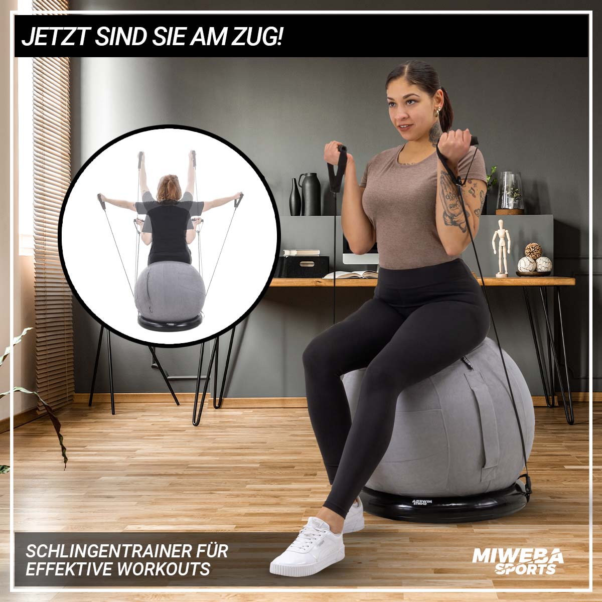 Miweba Sports 4in1-Gymnastikball-Set, Sitzball, 65 cm, Ballschale, Pumpe, Bezug, Schlingentrainer (Grau)
