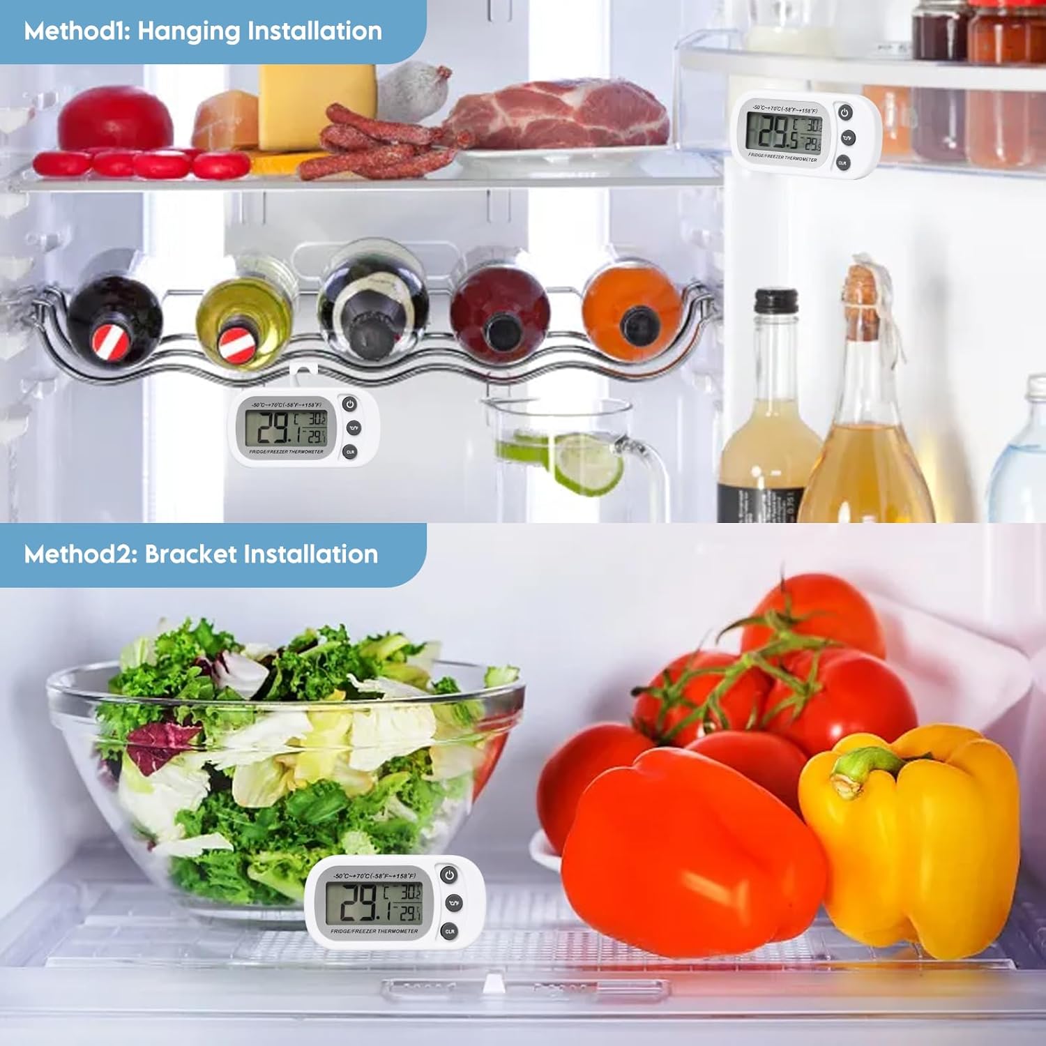 2 Stück Kühlschrank Thermometer Max/Min Funktiony, Gefrierschrank Thermometer LCD Display, Digitales Kühlschrankthermometer mit Haken & Magnet, Küchenthermometer für Zuhause Restaurants Cafés
