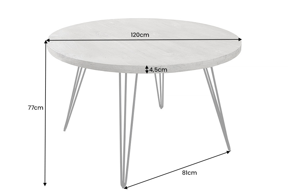 Runder Esstisch SCORPION 120cm grau Mangoholz massiv schwarze Metallbeine Hairpin Legs