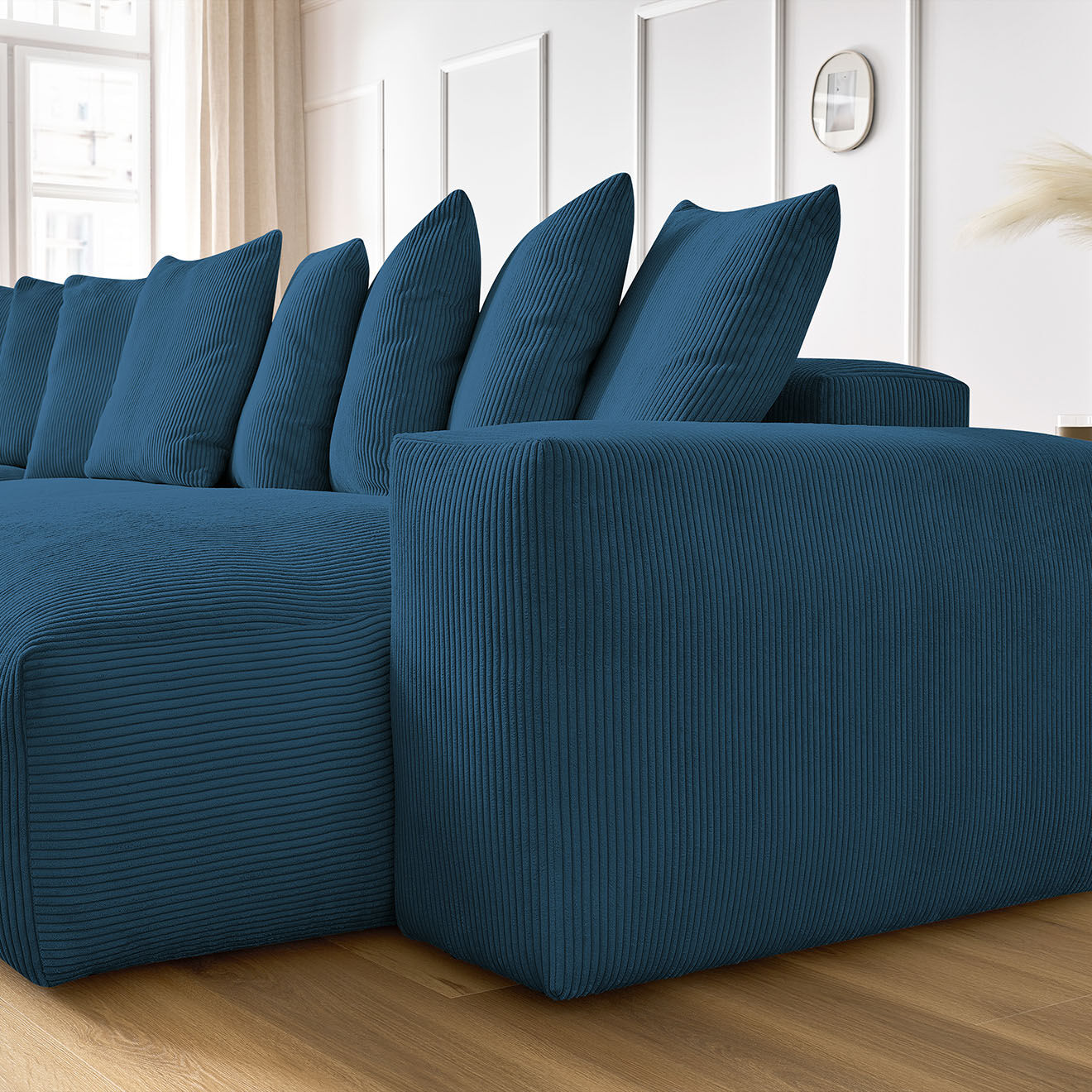 Bobochic Canapé panoramique fixe ultra moelleux voltaire velours côtelé bleu foncé - 420x174x75 cm