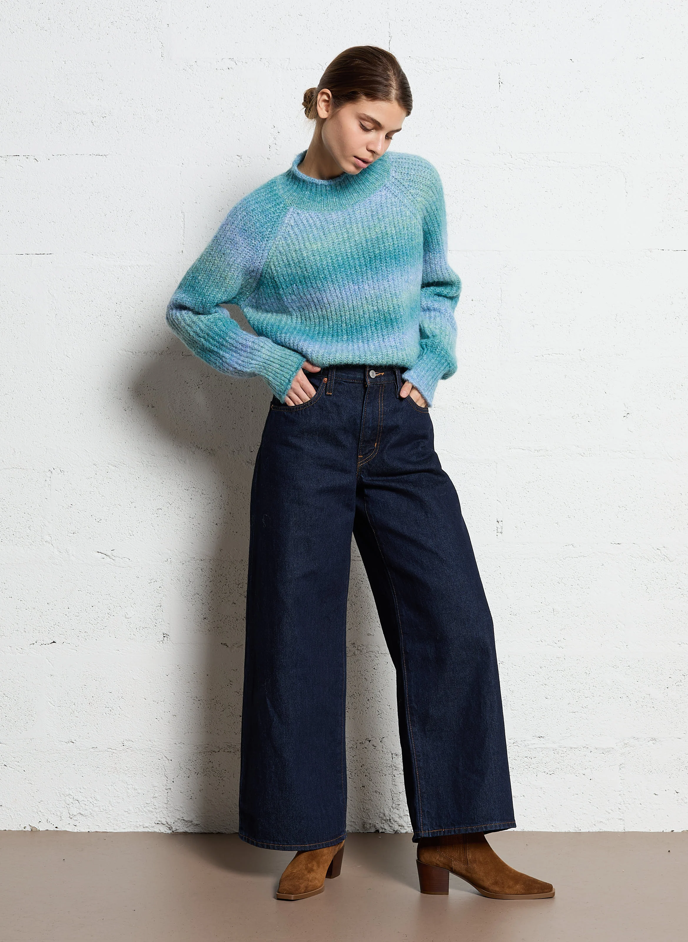 Pull col rond en maille rayé | Bleu