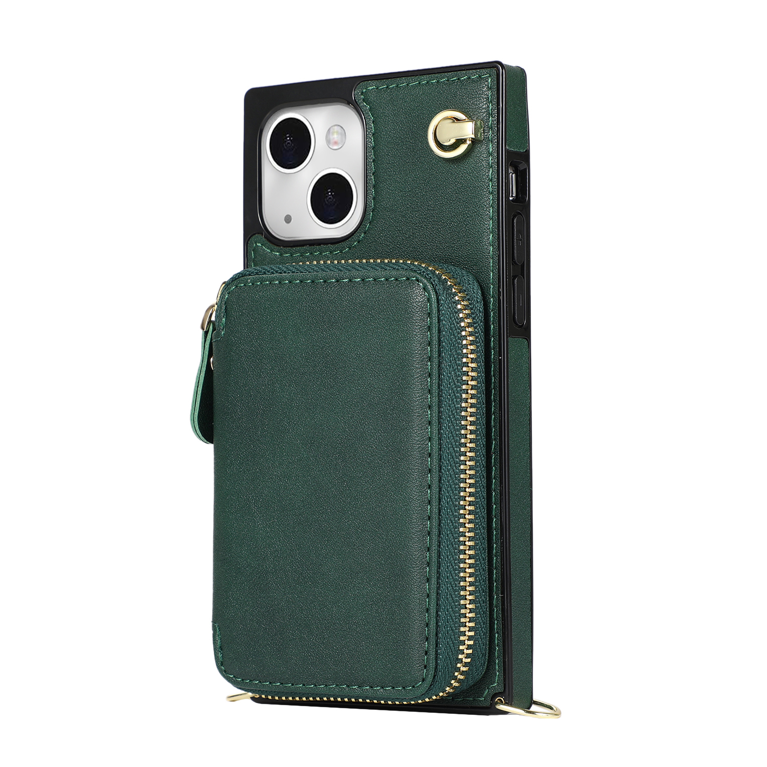 iPhone 13 Necklace Leder Schutz Hülle mit Kartenfächer   Handykette (140cm) - Grün