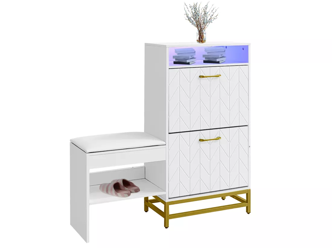 Meuble à chaussures avec LED - 1 banquette + 2 portes abattants + 2 compartiments - Blanc