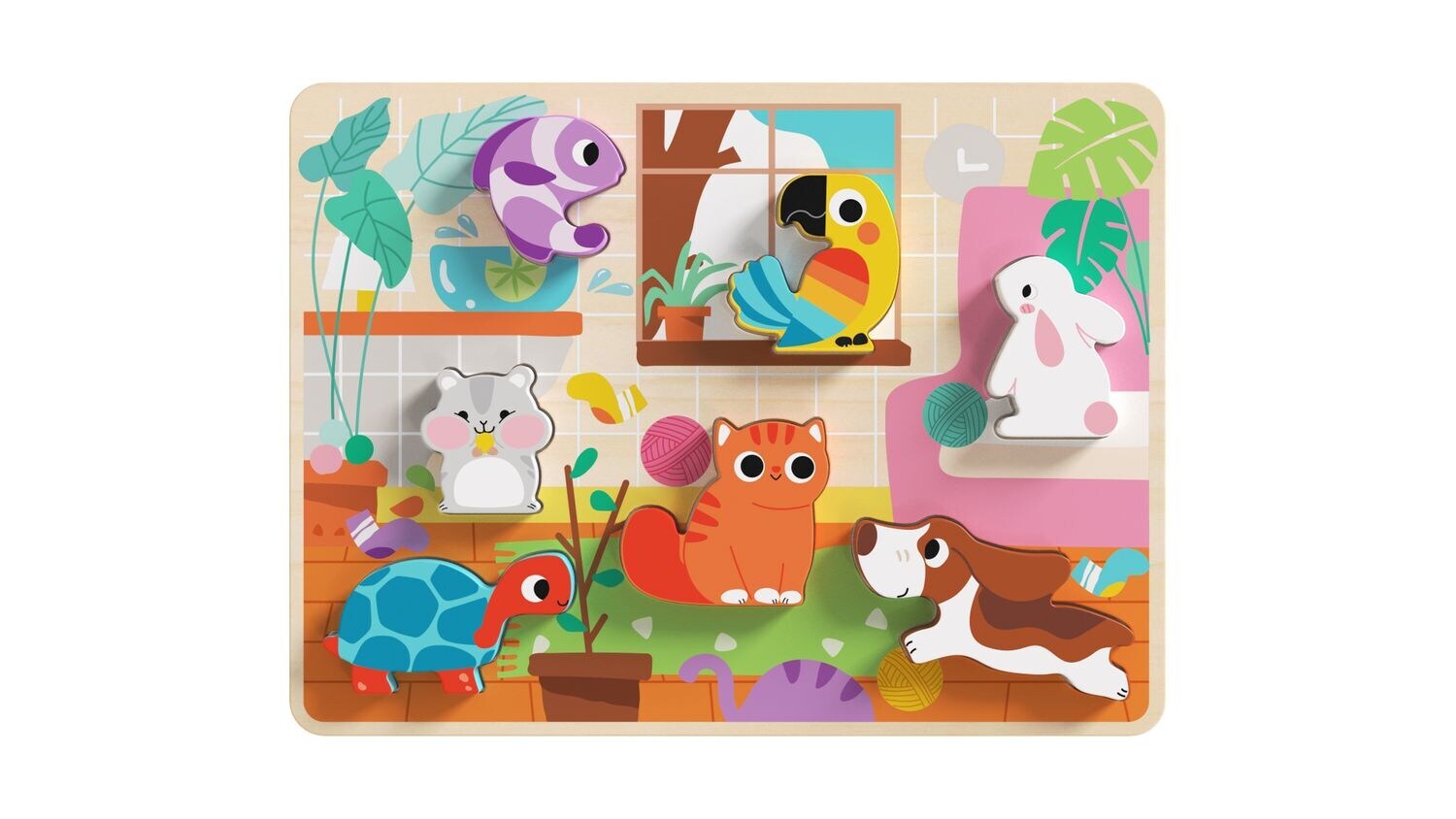 Tooky Toy 3D Kinder Holz-Puzzle Tiere, 8-teiliges Steckpuzzle, ab 12 Monaten hellbraun