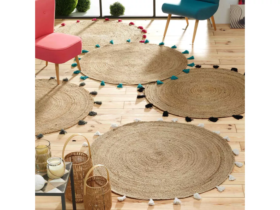 Tapis rond à pompons - D 120 cm - Shira Blanc