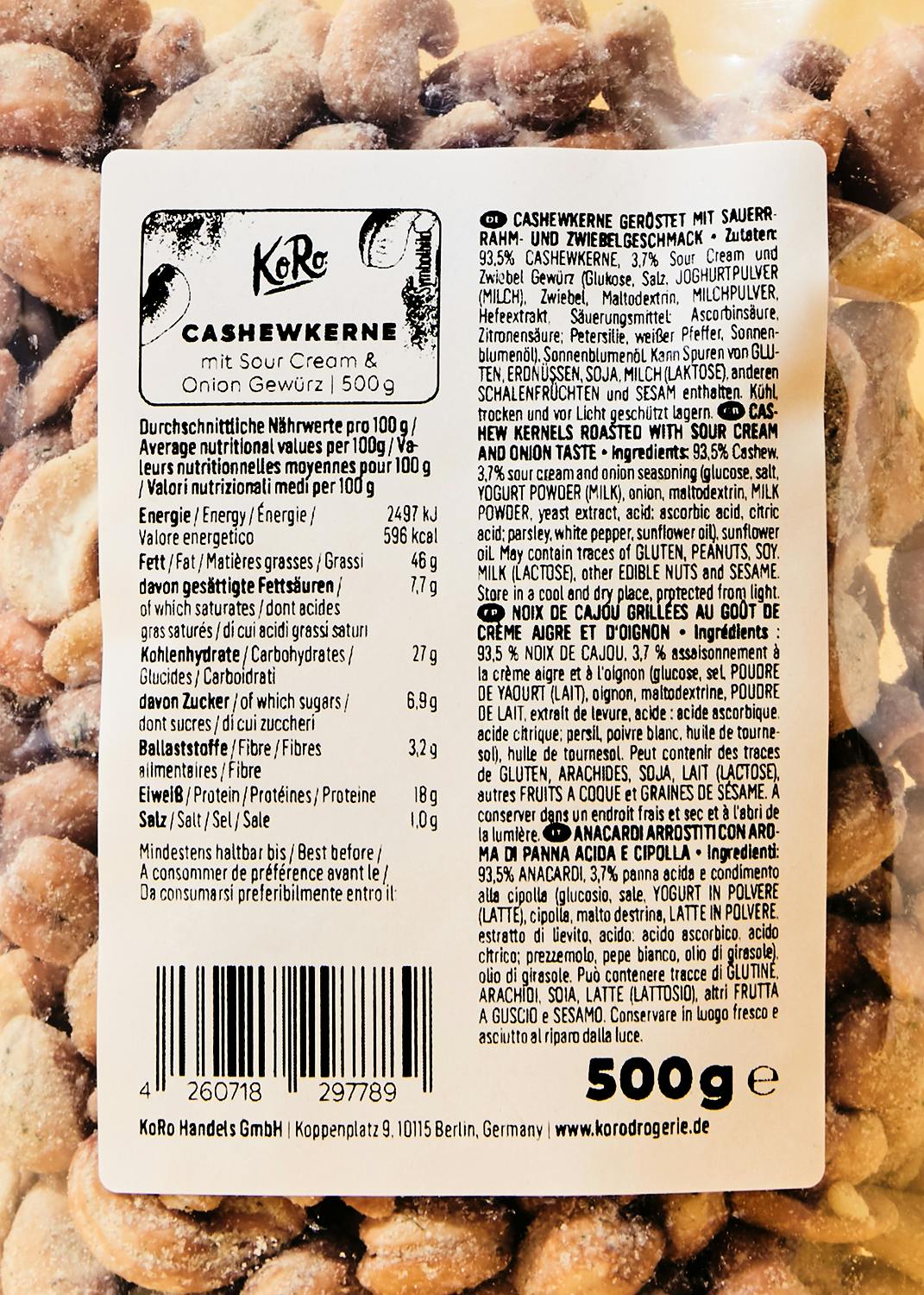Cashewkerne mit Sour Cream and Onion Gewürz 500 g