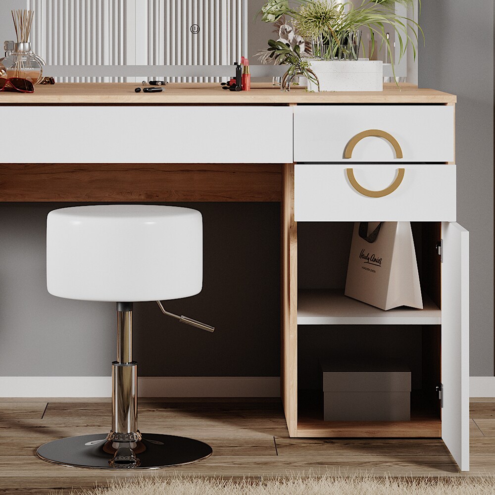 Vicco Schminktisch Adela Natural Rockford Weiß, 115x76 cm LED-Spiegel, Hocker
