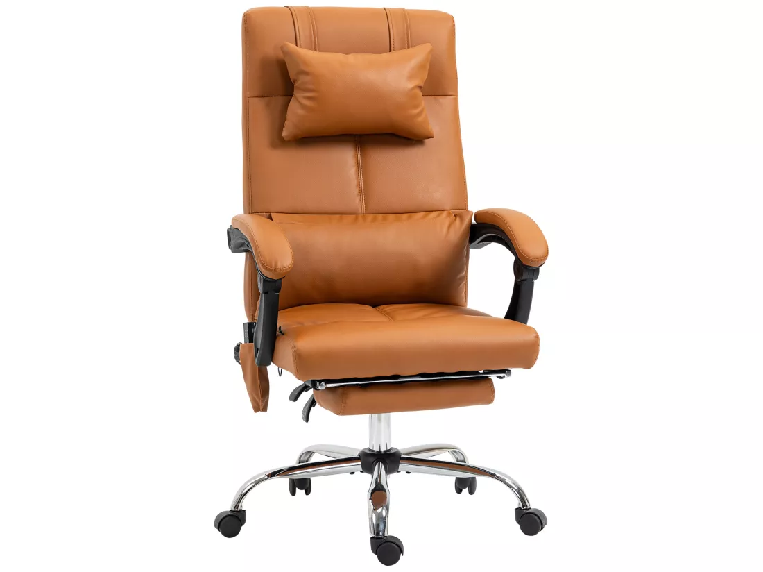 Fauteuil de bureau direction massant hauteur réglable dossier inclinable repose-pied intégré revêtement synthétique camel