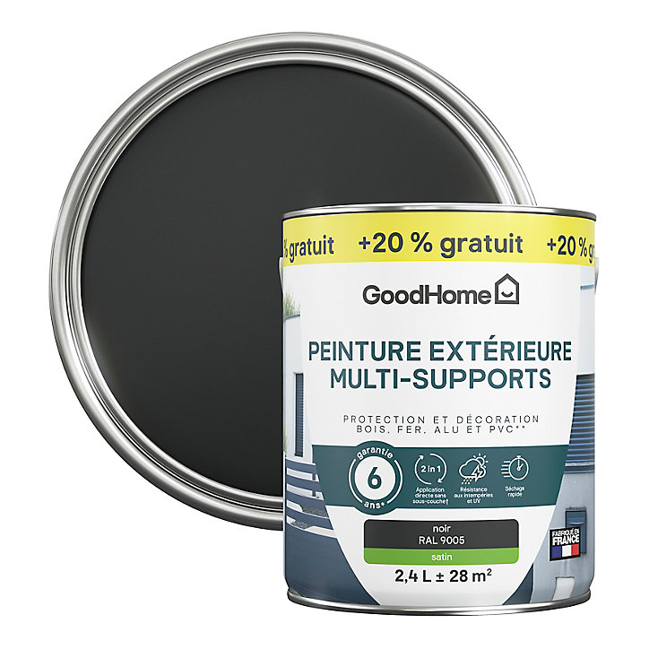 Peinture extérieure multi-supports GoodHome noir RAL 9005 2L + 20% gratuit