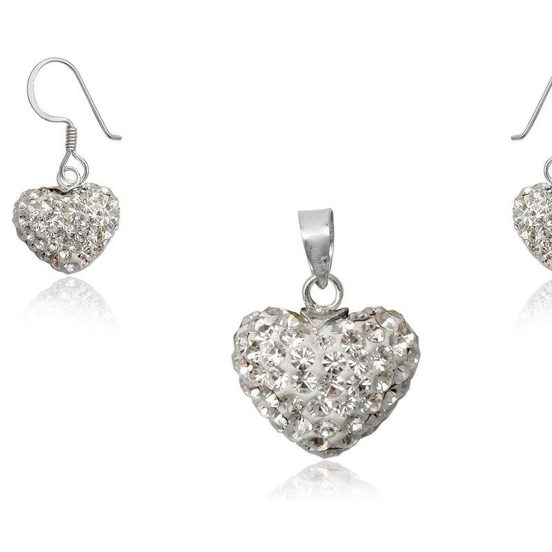 Parure Femme Coeurs Pendentif et Boucles d'oreilles en Cristal Blanc et Argent 925/1000