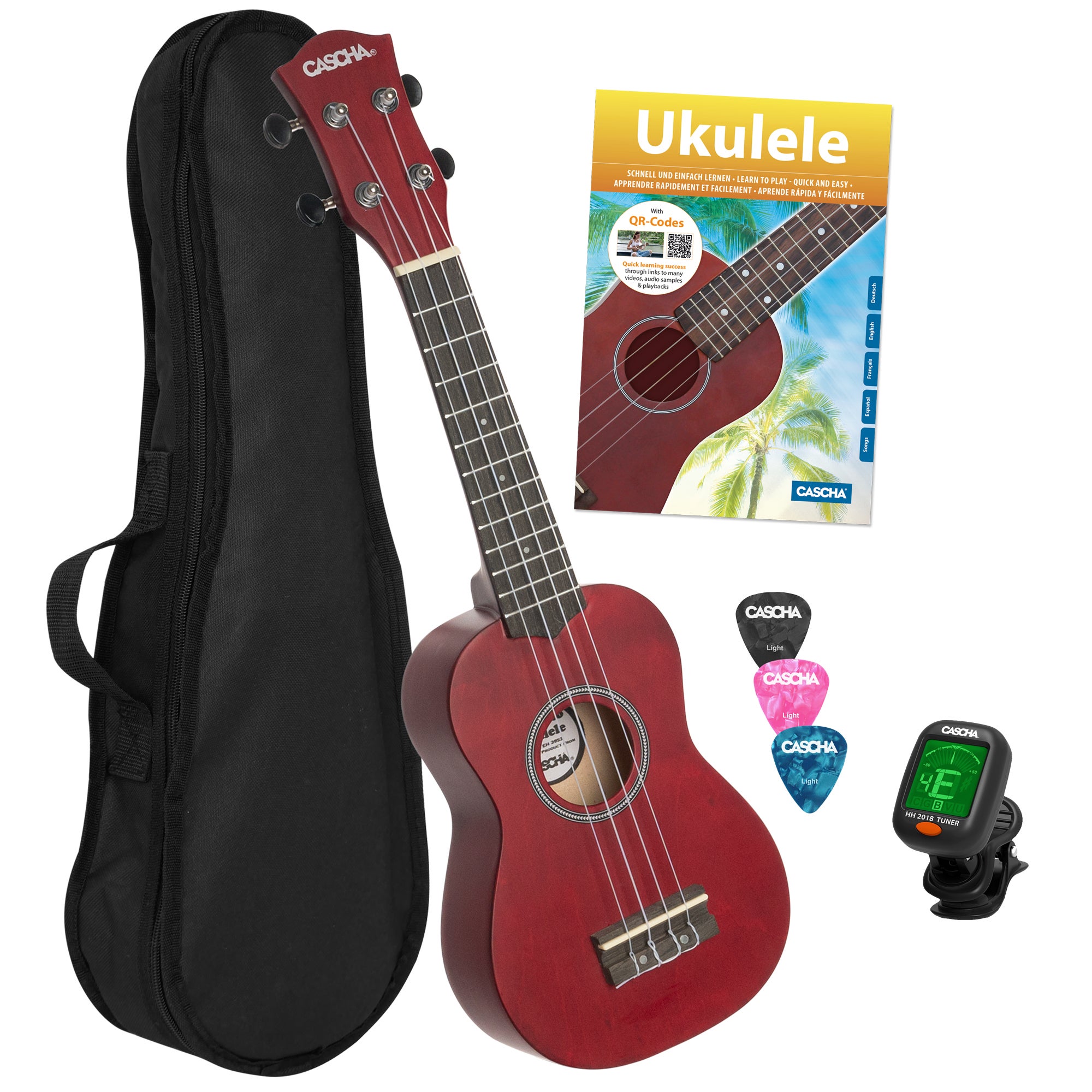 Cascha HH 3970 IT sopraan ukelele set linden rood met Italiaans leerboek