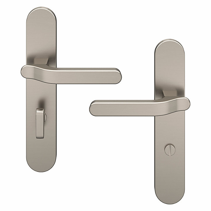 Ensemble poignée sur plaque rond à condamnation GoodHome Prat effet nickel satin gris L.129mm x l.42mm entraxe 165-195mm