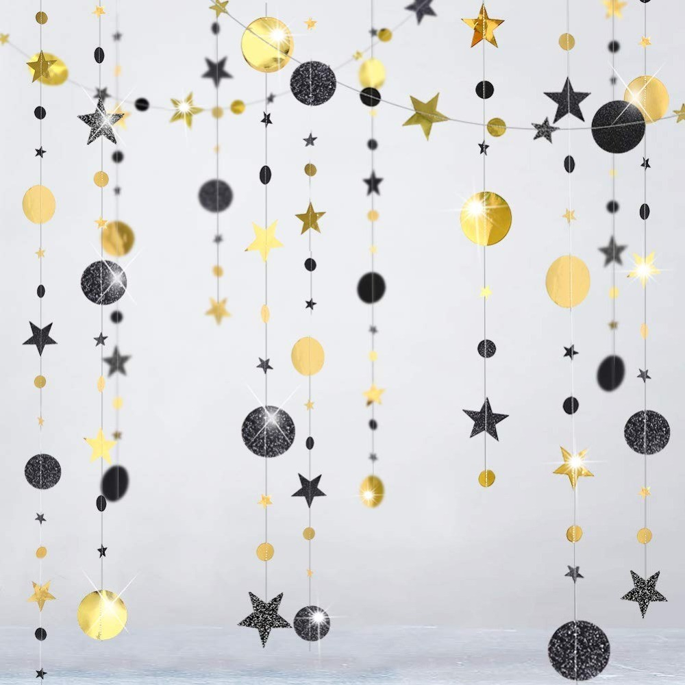 (4m) Girlande Glitzer / Glanz Kreise und Sterne Party Dekoration Accessoire - Gold / Schwarz
