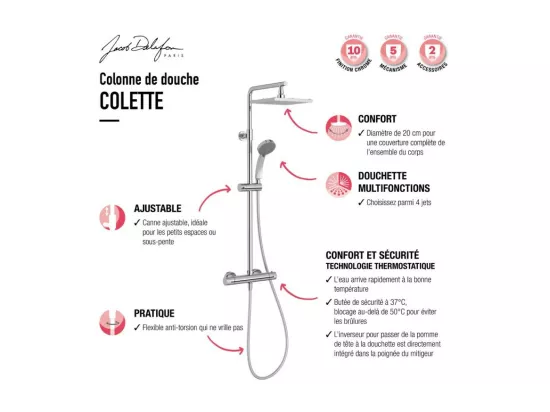 Colonne de douche thermostatique JACOB DELAFON Colette Chrome + nettoyant Briochin