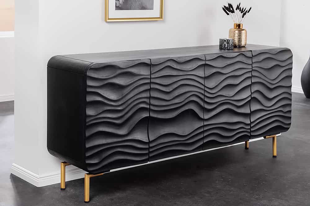 Design Sideboard WAVE 160cm schwarz Mangoholz Massivholz mattgold Metallbeine