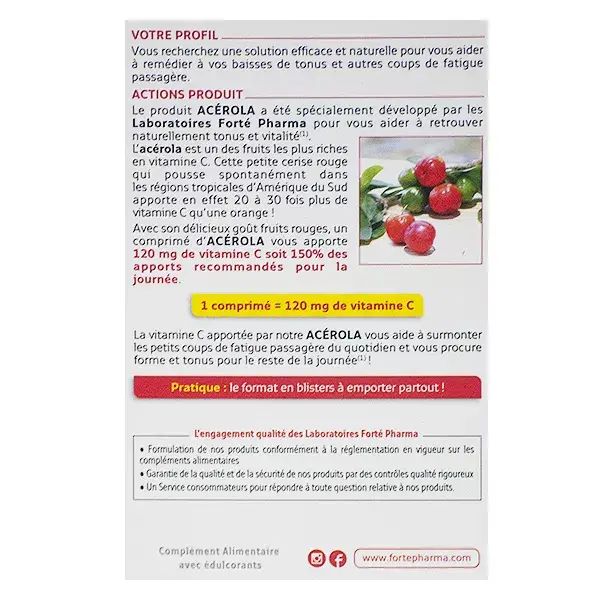 Forté Pharma Acérola Vitamine C naturelle Fatigue 60 Comprimés à Croquer 2 mois