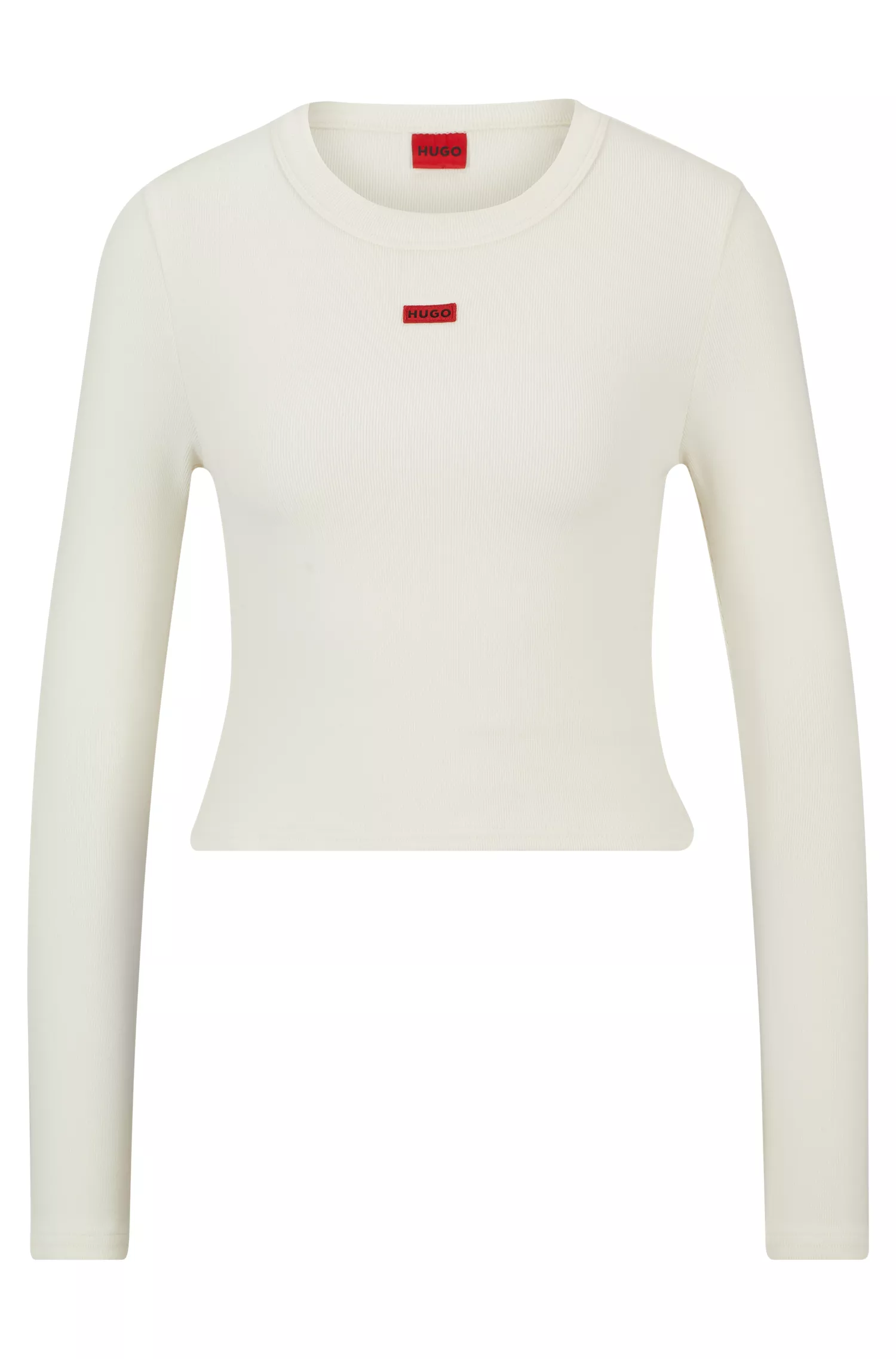 Camiseta HUGO vermelha de manga comprida em algodão stretch com etiqueta vermelha com o logotipo.
