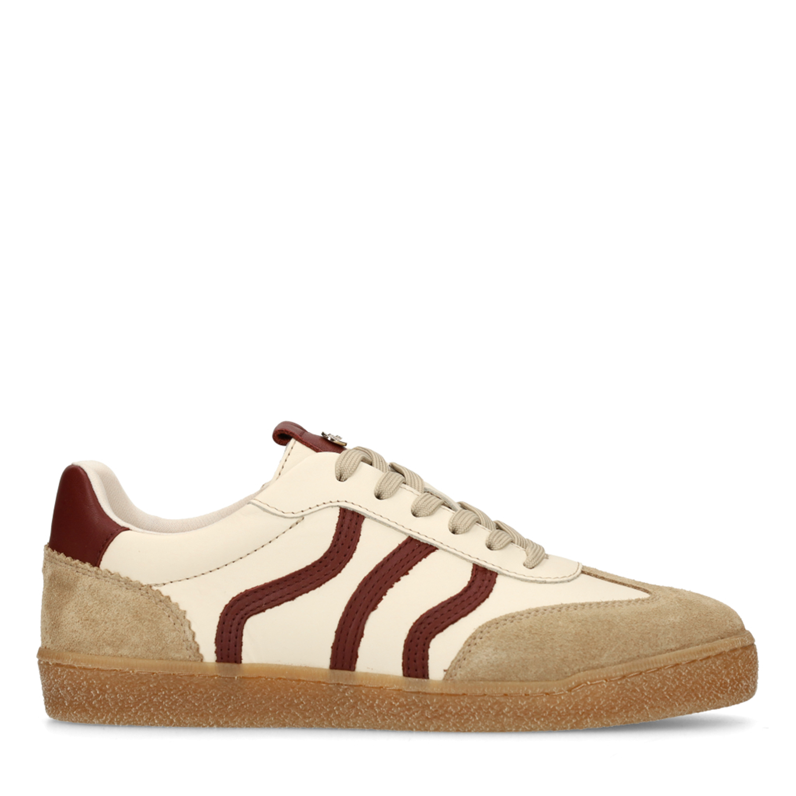 Beige sneakers met burgundy details
