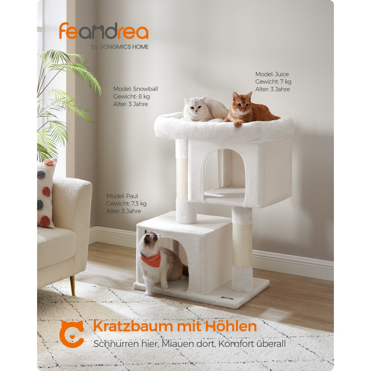FEANDREA Kratzbaum 101cm große Plattform weiß