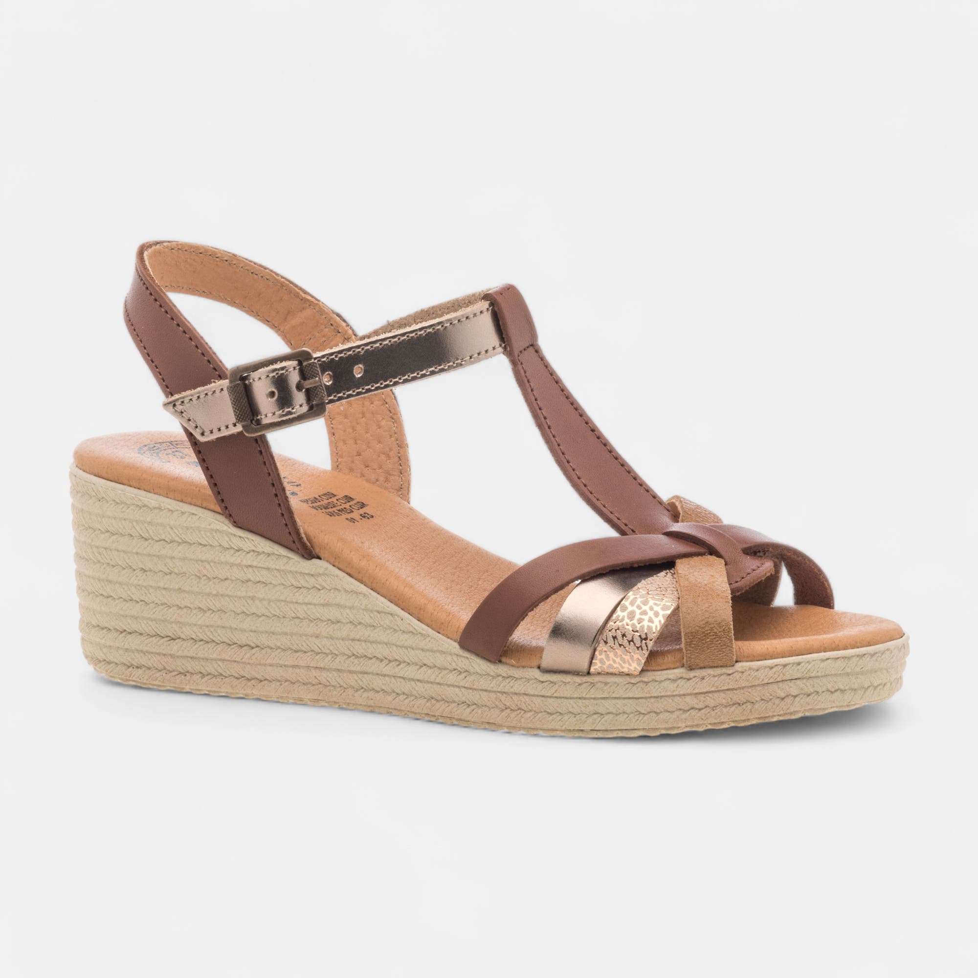 Sandales à talon compensé Femme en cuir cognac