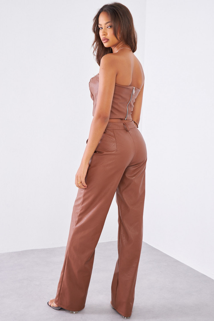 Ensemble 2 pièces crop top + pantalon en simili cuir marron