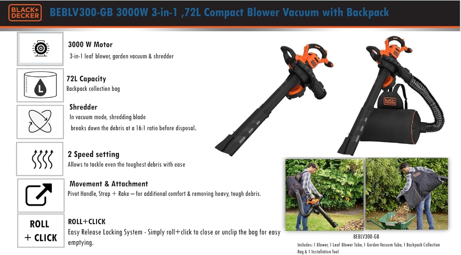 BLACK+DECKER 3-in-1 Elektro Laubsauger & Laubbläser (3.000 Watt, mit Häcksler, 72l Fangsack-Rucksack – hohe Blasgeschwindigkeit & verstellbare Saugleistung, für Terrasse, Wege, Einfahrten) BEBLV300-QS