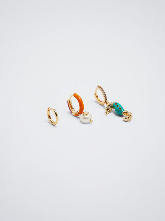Conjunto de brincos de argola com pérola de água doce - Multicor